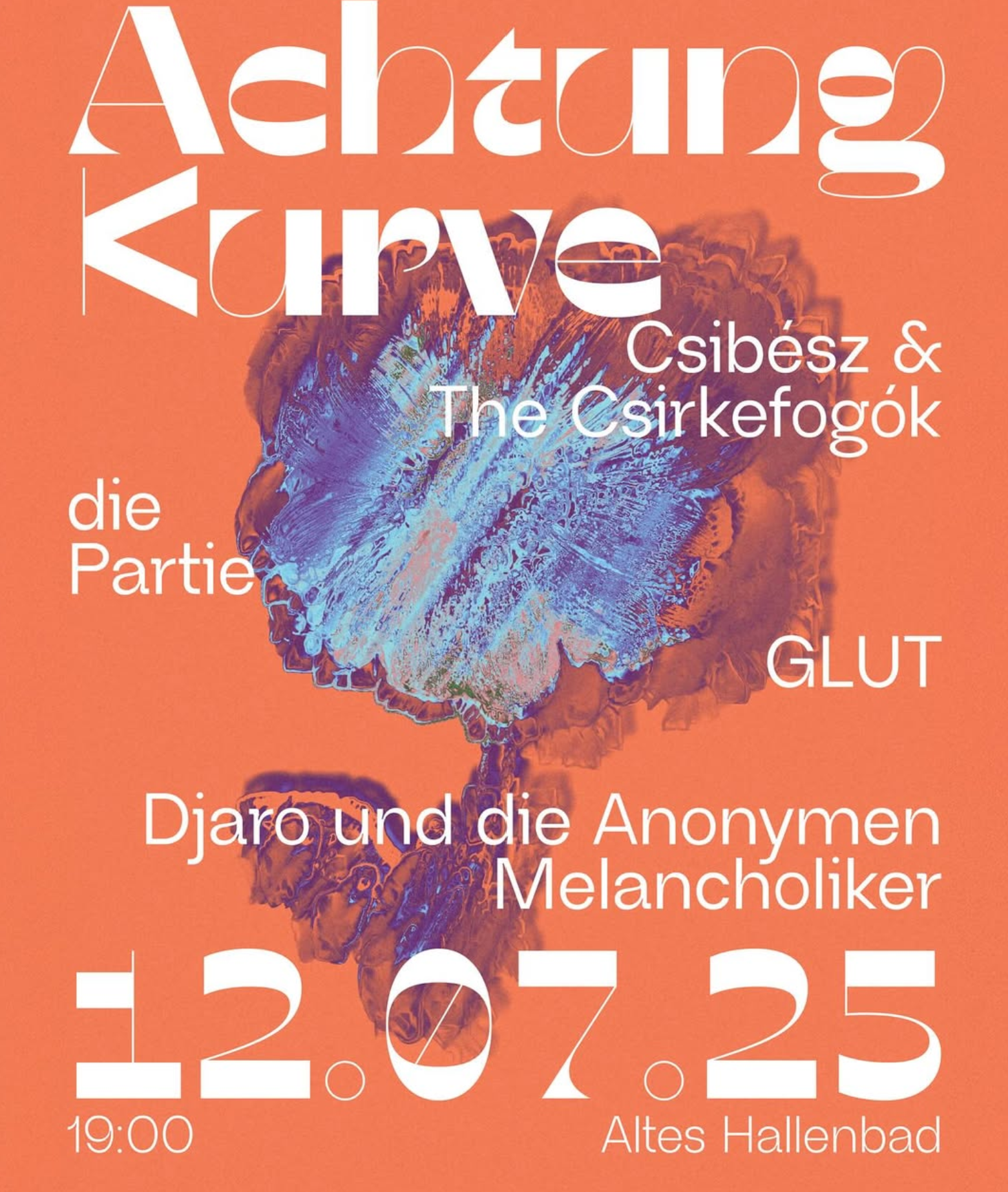 Achtung Kurve Plakat in Orange mit dem Line Up