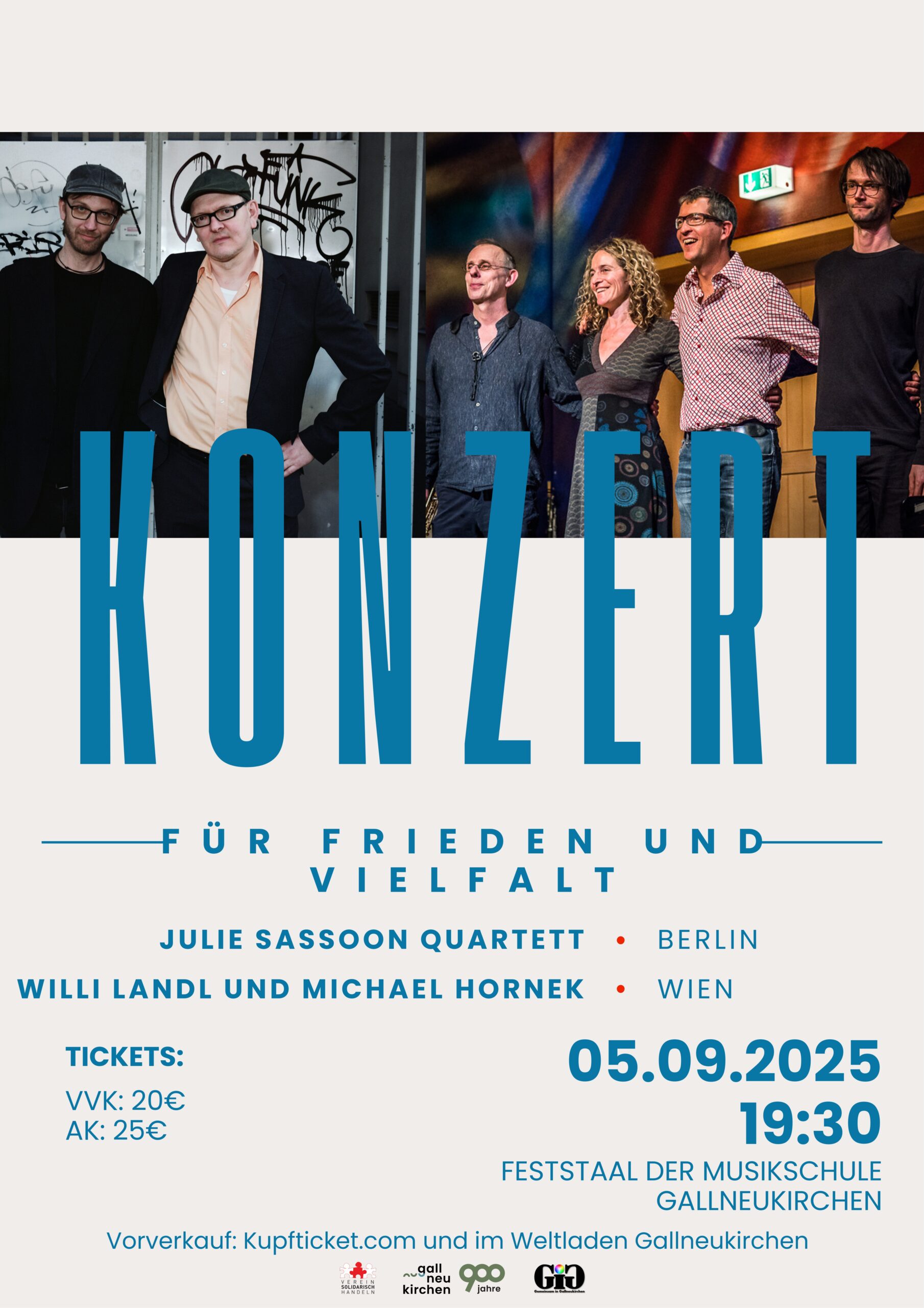 Plakat für Konzert für Frieden und Vielfalt Fotos von beiden Bands nebeneinander Darunter Hardfacts